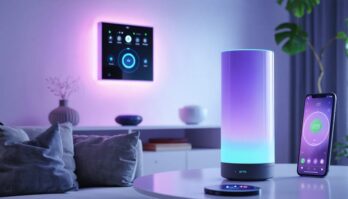 A modern living room featuring a smart home control panel, CBD dispenser, ambient lighting, and digital devices representing the integration of CBD technology with home automation.