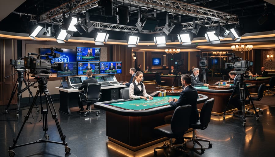 Modern live casino studio with multiple gaming tables, professional lighting, and broadcast cameras
