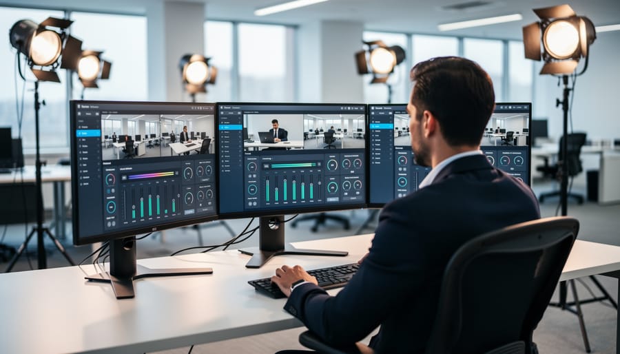 Operator using touchscreen control panel to manage casino studio AV systems