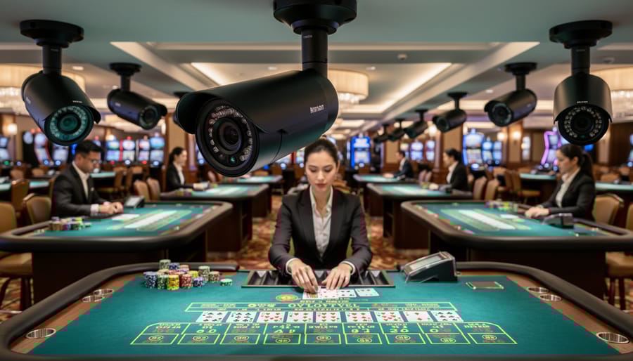 Professional PTZ broadcast camera mounted above casino gaming table