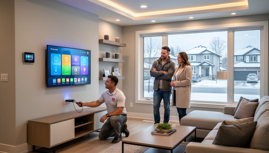 Smart home control panel mounted on wall in modern Canadian living room