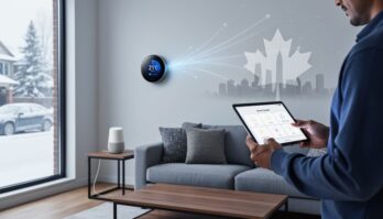 Smart thermostat in a modern Canadian living room as a homeowner uses a tablet, with subtle glowing lines connecting toward a distant city skyline and maple leaf, symbolizing link-building connections without text.