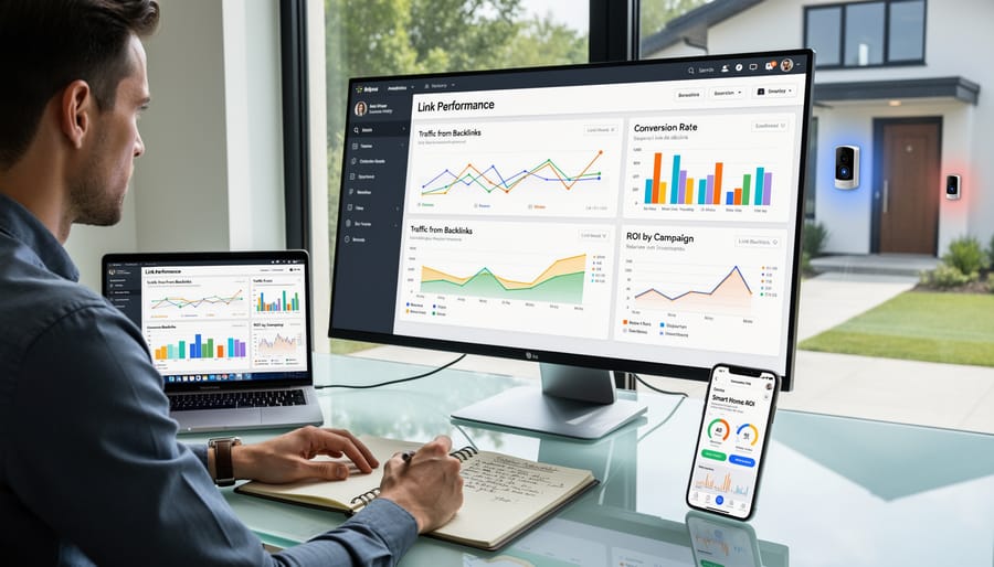 Website analytics dashboard showing performance metrics for link building campaign