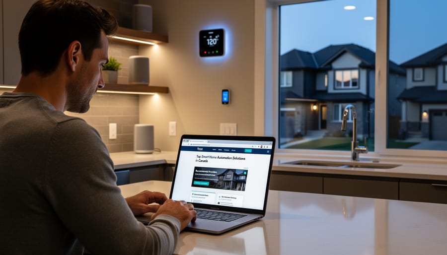 Overhead view of smart home app research with technology publications and analytics