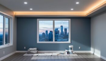Modern Calgary living room with a newly painted gray-blue accent wall illuminated by adjustable smart recessed lights and a warm LED strip, viewed eye-level with a window hinting the city skyline and neatly folded drop cloths in the background.