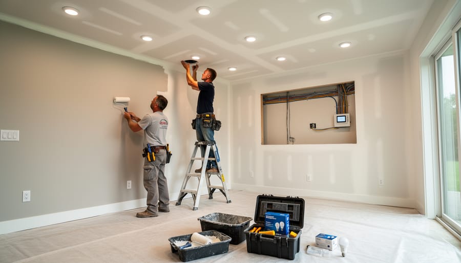 Smart LED bulb in modern fixture against freshly painted white ceiling and wall