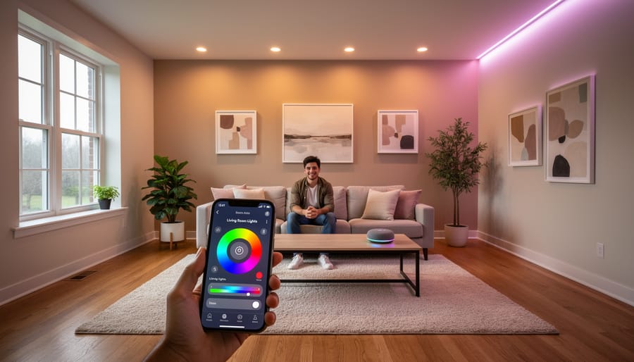 Person controlling smart home lighting through smartphone app in painted bedroom