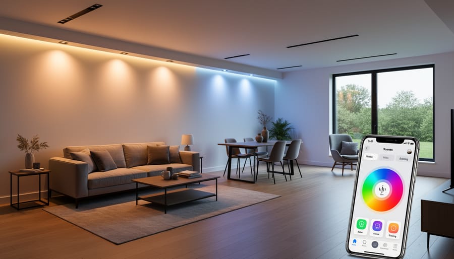 Modern living room with gray painted walls and smart lighting fixtures creating warm ambiance