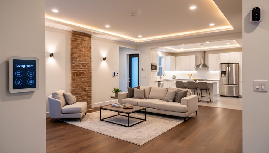 Restored home exterior at dusk with smart lighting and video doorbell security system