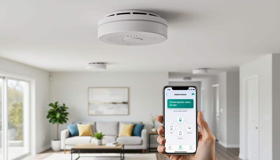 Modern smart smoke detector installed on white ceiling in contemporary home