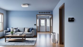 Renovated living room and entry showing a ceiling smoke and carbon monoxide detector, a minimalist smart thermostat on the wall, a sleek air purifier, and a video doorbell on the front door, lit by diffused daylight.