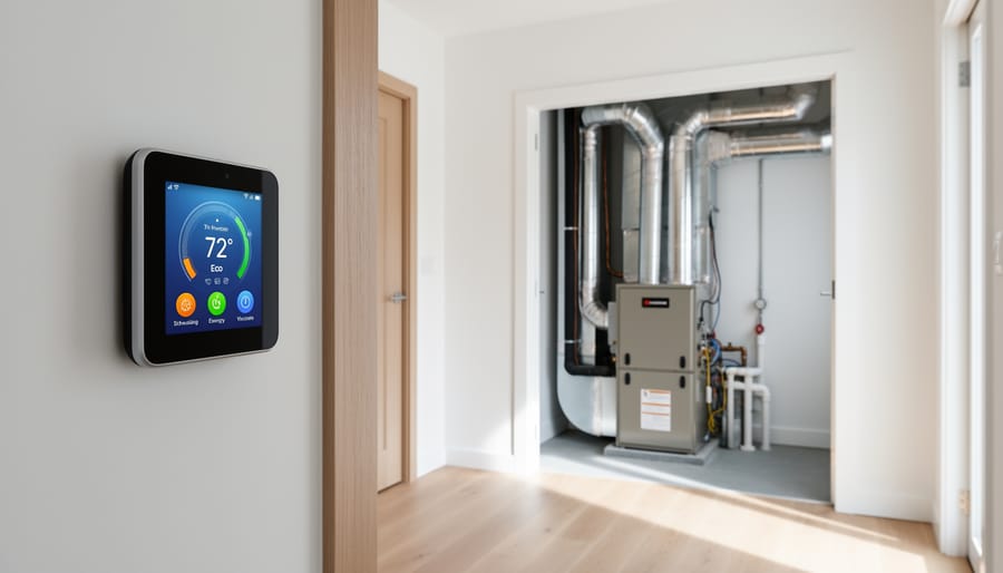 Smart thermostat mounted on wall in modern renovated home interior